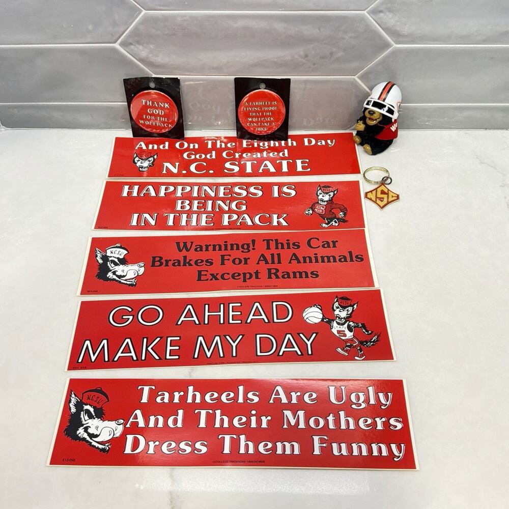 Vintage NC State Wolfpack Fan Lot Bumper Stickers Keychain Buttons Mascot Clip